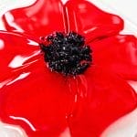 A close up of a A Red & Black glass poppy on a white background
