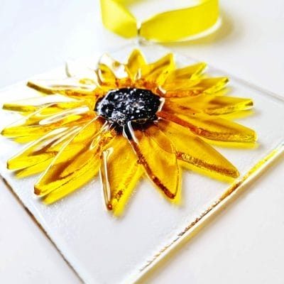 Cremation Ashes yellow sunflower suncatcher on a white background