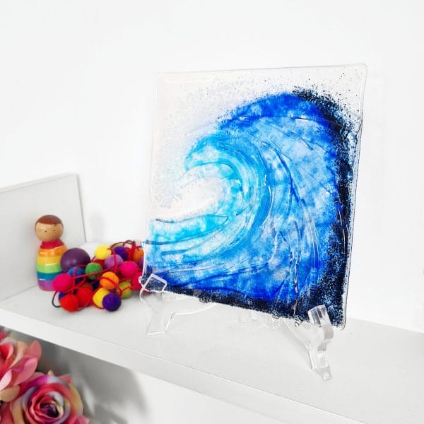 Fused Glass Sea Ocean Wave with clear stand