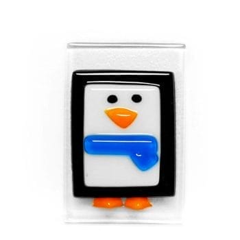 A black and white penguin small Christmas tree decoration with a blue scarf.