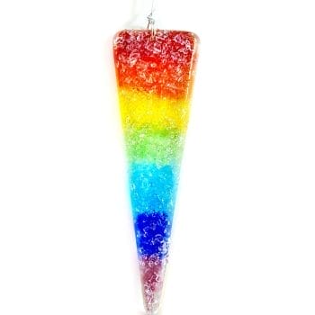 A Rainbow coloured g;ass sparky icicle ornament.