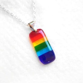 A Rainbow Necklace pendant with horizontal stripes on a Stainless Steel bail with silver plated necklace