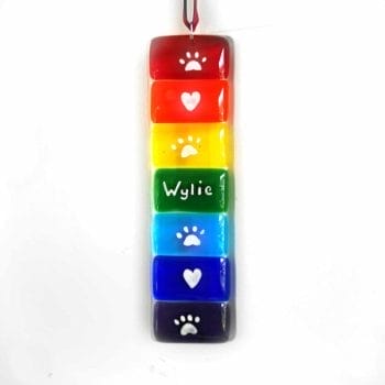 7 colours of the rainbow individual rectangles of glass on clear glass. Gold text with paw prints and hearts.