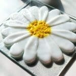A fused glass daisy with ashes inside.