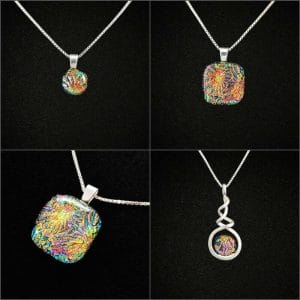 Dichroic Glass Pendant with ashes on a 925 Sterling Silver Necklace on a black background