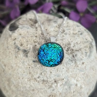 Dichroic Glass Blue-Green Pendant with ashes on a 925 Sterling Silver Necklace