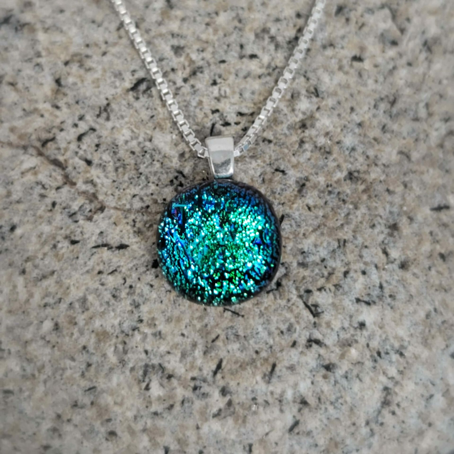 Blue/Green Dichroic Glass Necklace, 925 Sterling Silver - Vivid Lux Glass
