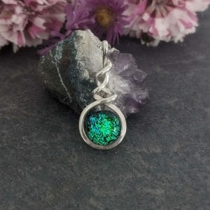 Dichroic Glass Blue-Green Pendant with ashes on a 925 Sterling Silver Necklace