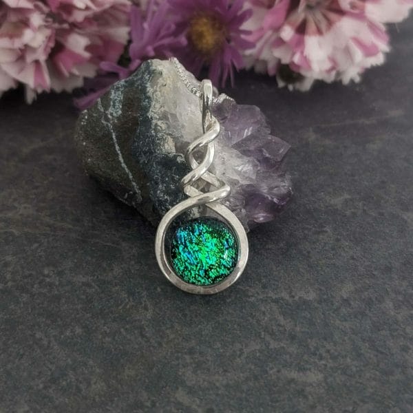 Blue/Green Dichroic Glass Necklace, 925 Sterling Silver