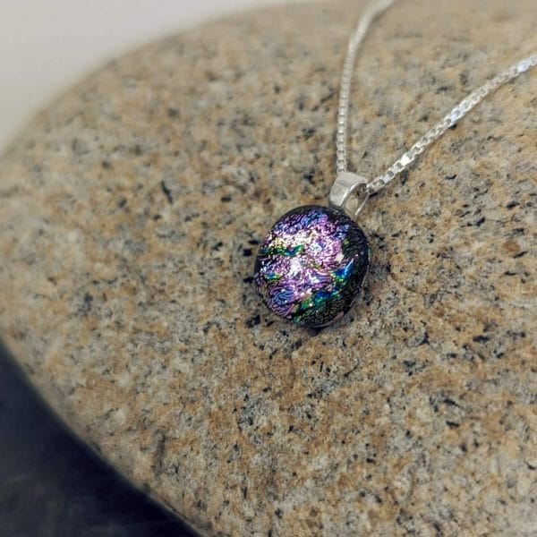 Pink Rainbow Dichroic Glass Necklace, 925 Sterling Silver