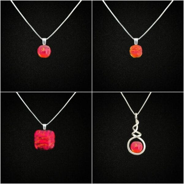 Dichroic Glass Red Pendant with ashes on a 925 Sterling Silver Necklace on a black background