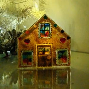 fused glass gingerbread house tealight holder