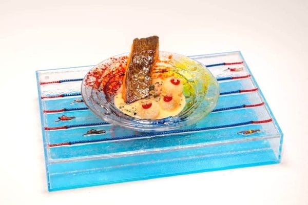 Great British Menu Fish Dish by Kate Austen on a handmade Glass Rainbow Plate